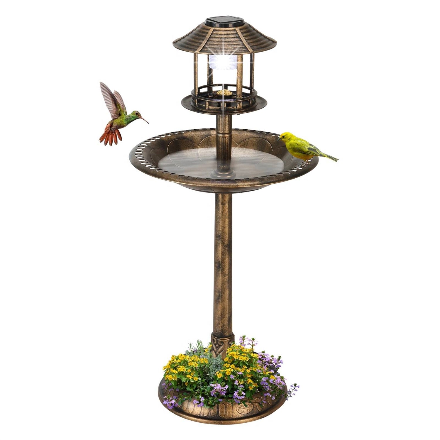 Outdoor Garden Birdbath in Bronze Finish with Solar Light-0