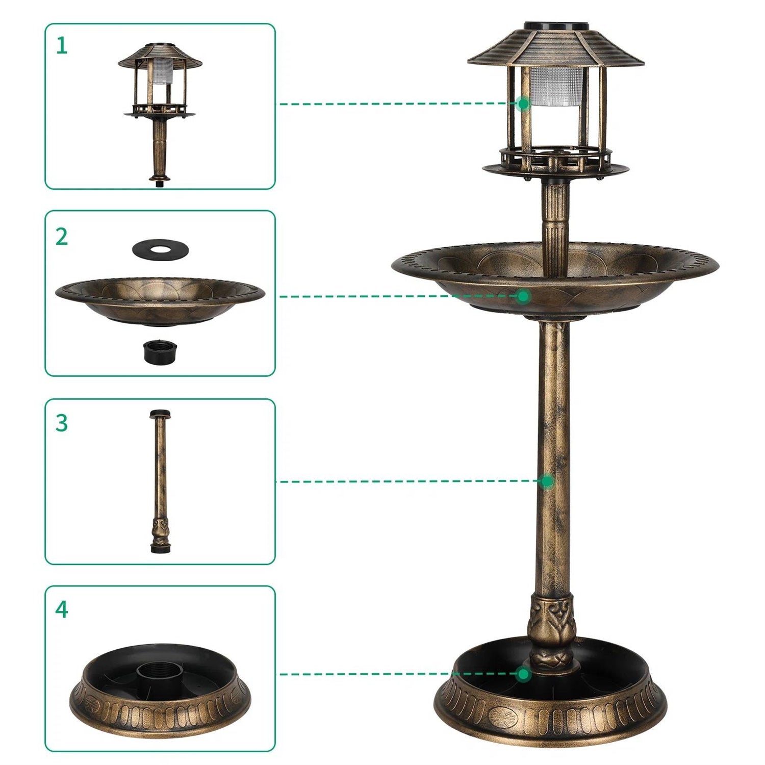 Outdoor Garden Birdbath in Bronze Finish with Solar Light-2