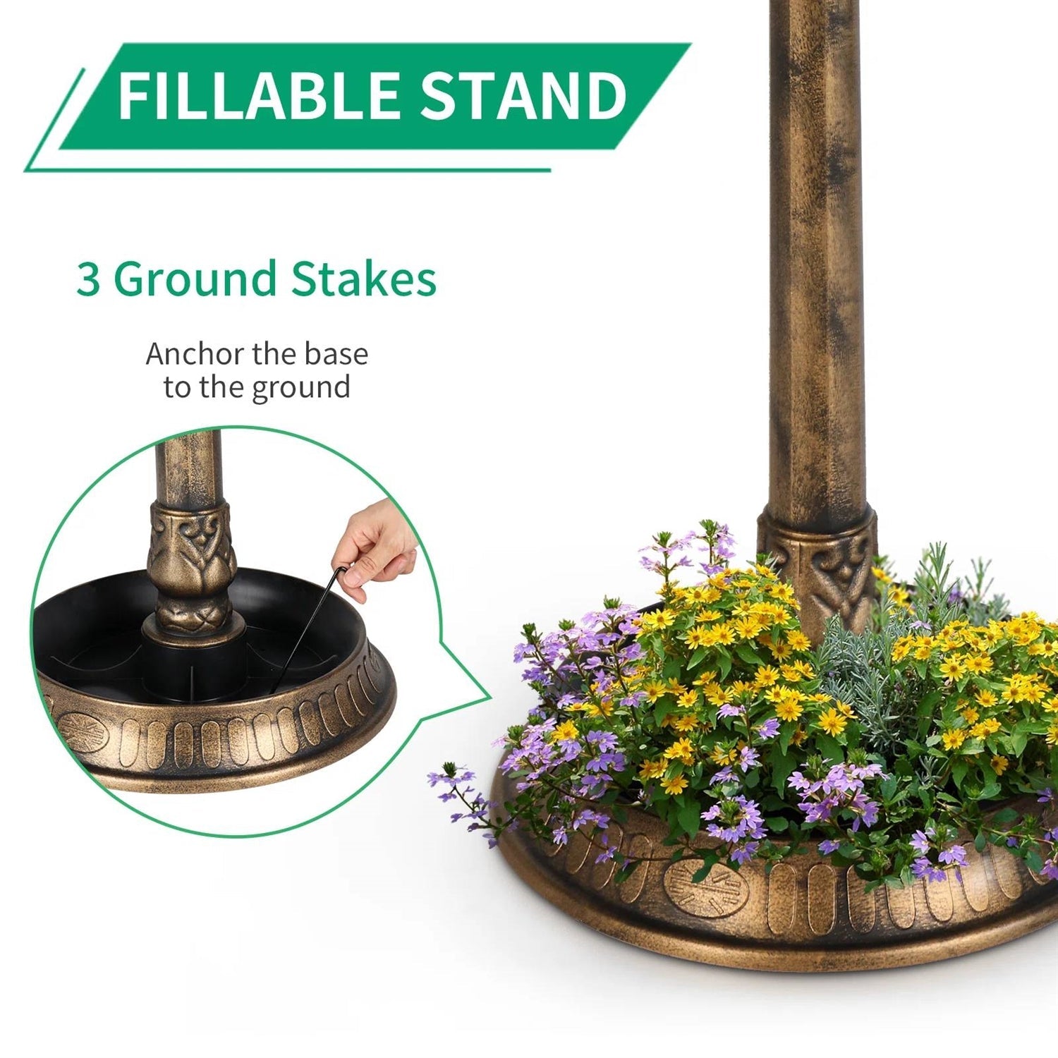 Outdoor Garden Birdbath in Bronze Finish with Solar Light-3