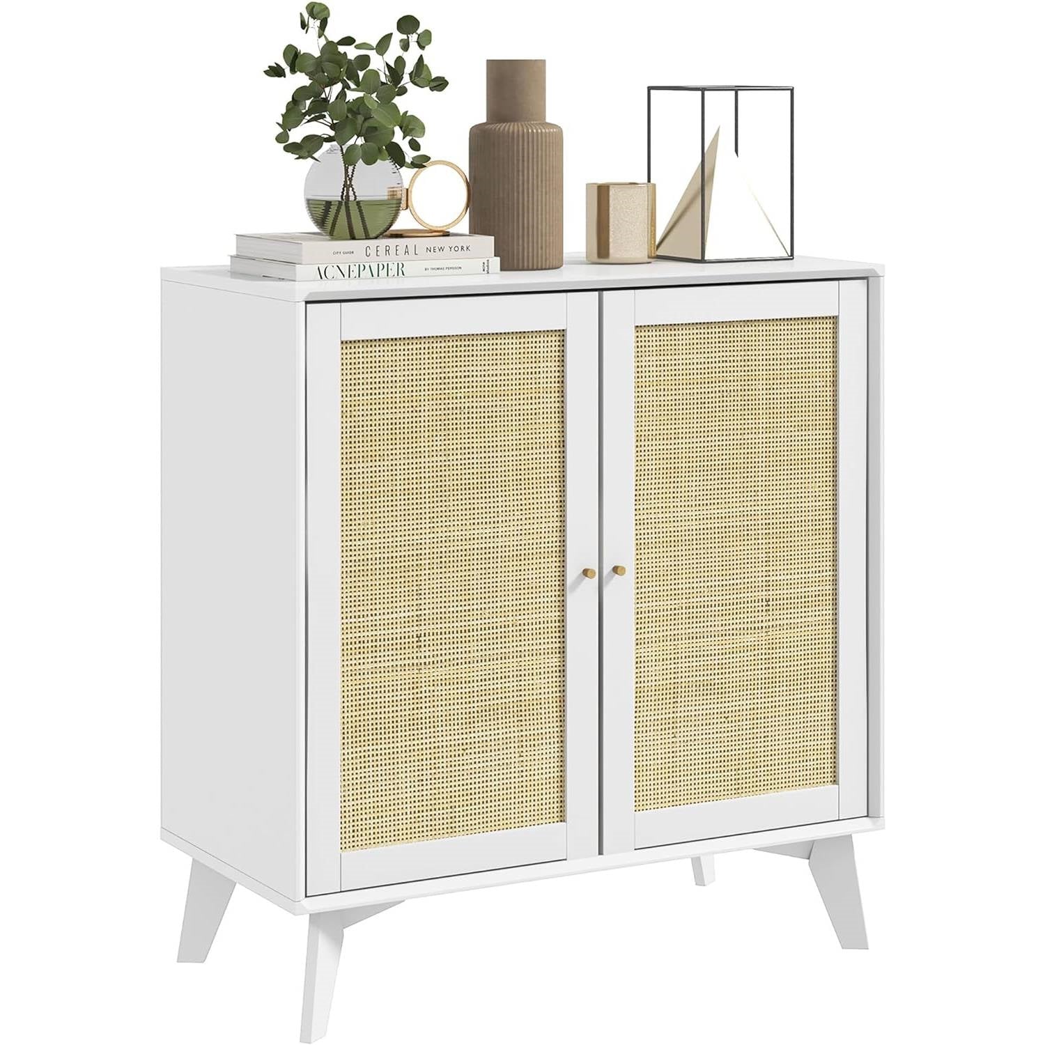 Modern Mid-Century Rattan Sideboard Buffet Table Dining Storage Cabinet in White-0