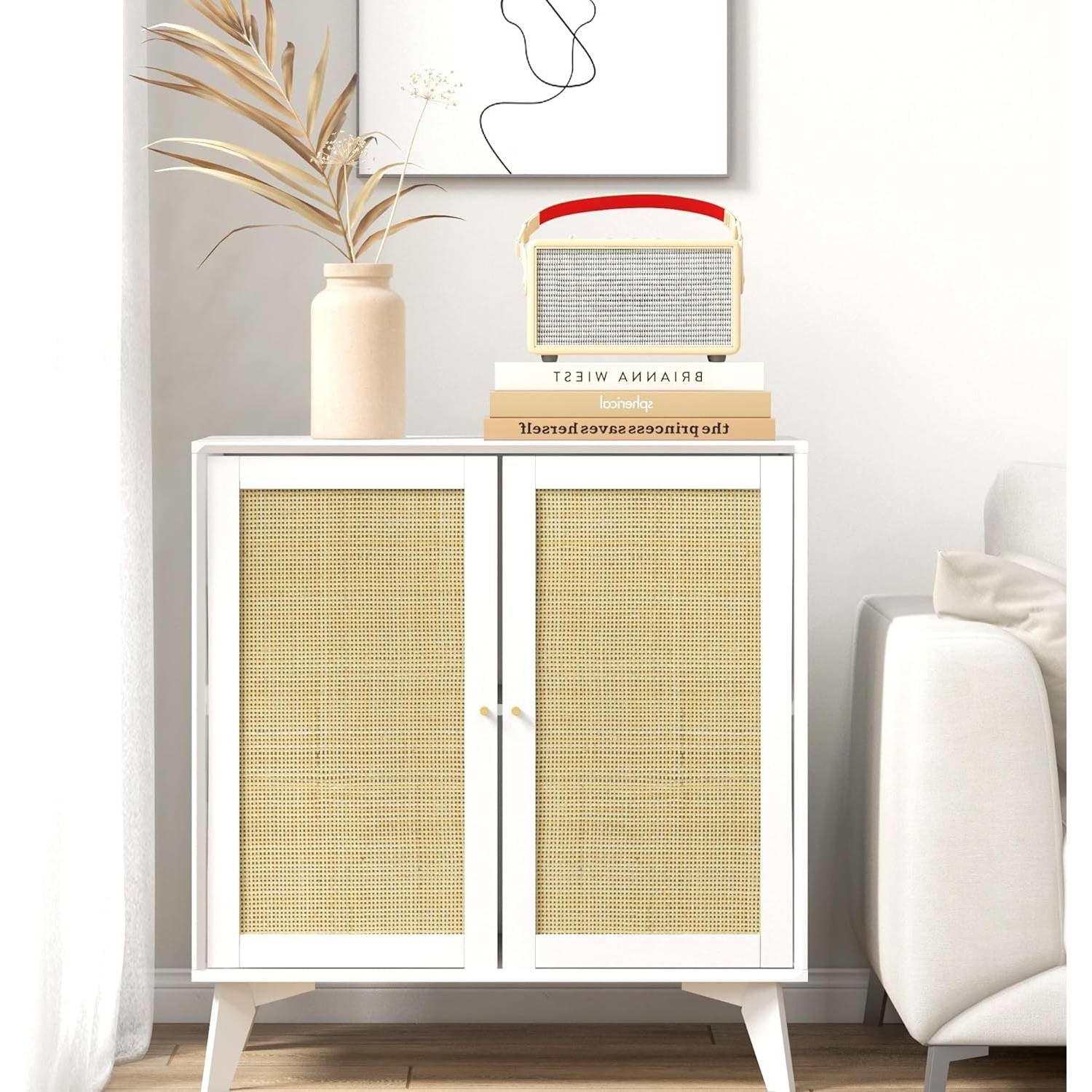 Modern Mid-Century Rattan Sideboard Buffet Table Dining Storage Cabinet in White-1