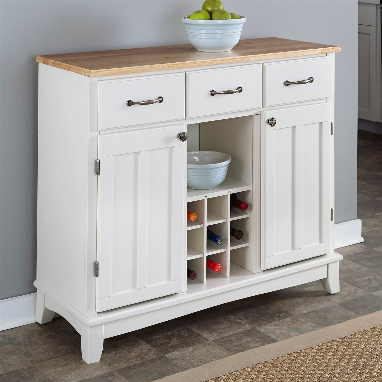 Natural Wood Top Kitchen Island Sideboard Cabinet Wine Rack in White-0