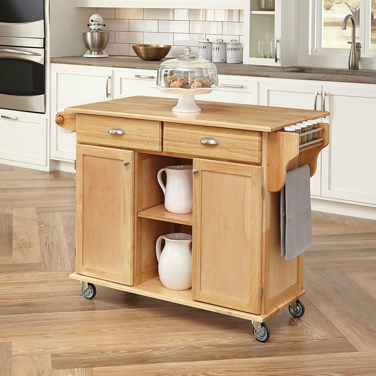 Natural Wood Finish Kitchen Island Cart with Locking Casters-0