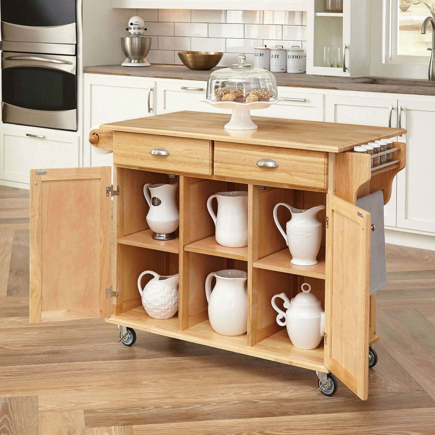 Natural Wood Finish Kitchen Island Cart with Locking Casters-1