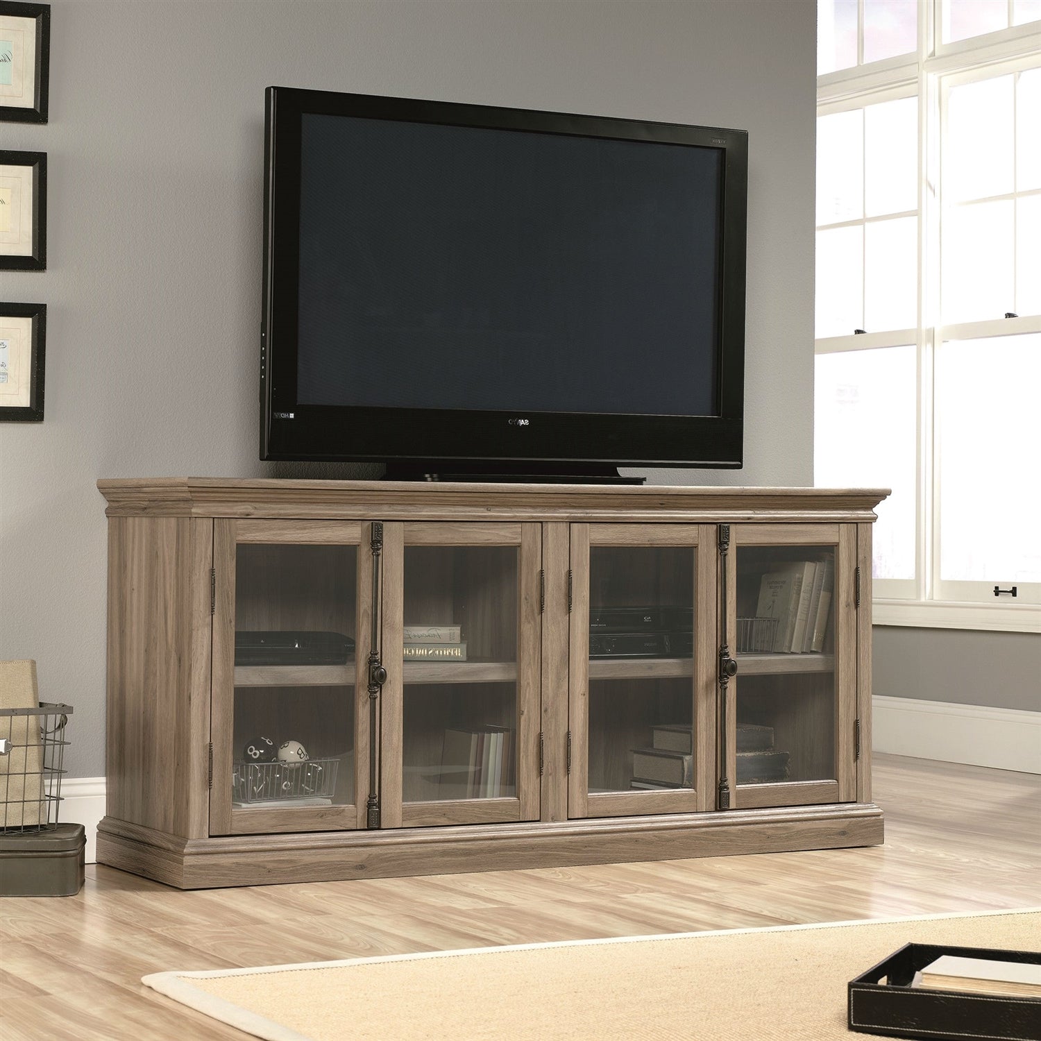 Salt Oak Wood Finish TV Stand with Tempered Glass Doors - Fits up to 80-inch TV-0