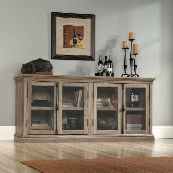 Salt Oak Wood Finish TV Stand with Tempered Glass Doors - Fits up to 80-inch TV-2