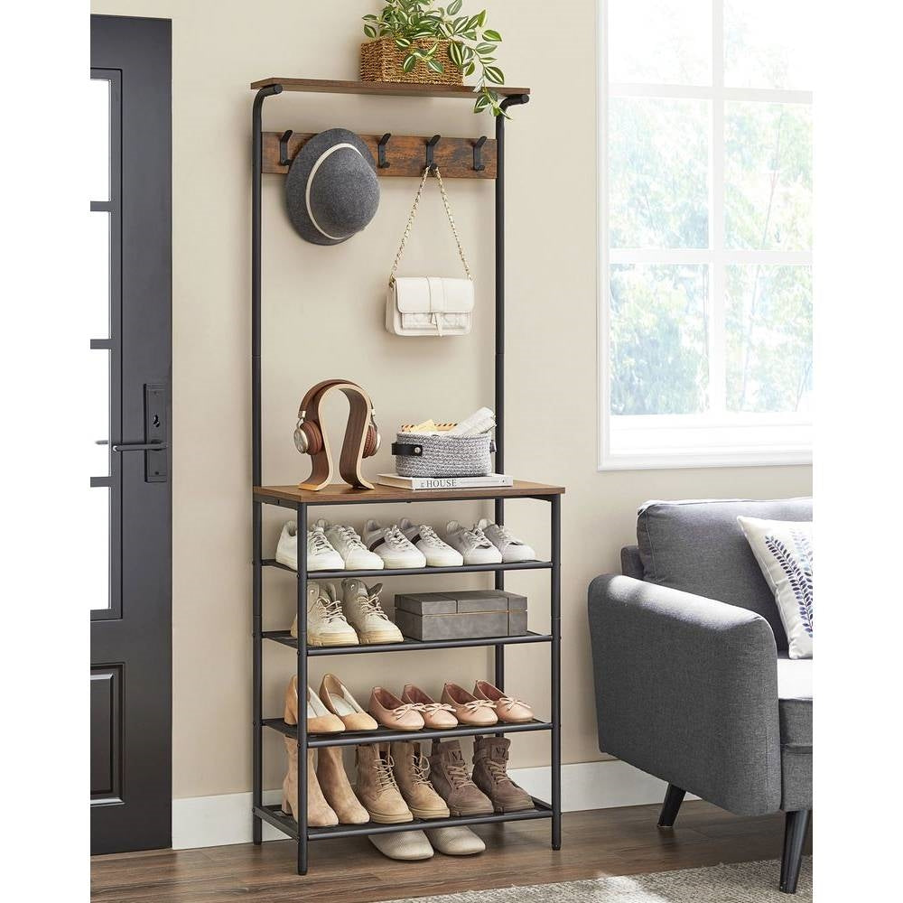 Modern Industrial Style Hall Tree Coat Rack Entryway Shoe Rack with 4 Shelves-0