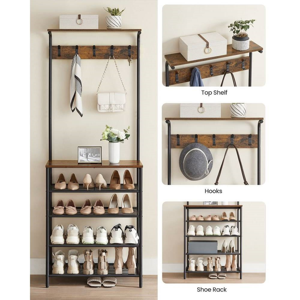 Modern Industrial Style Hall Tree Coat Rack Entryway Shoe Rack with 4 Shelves-3