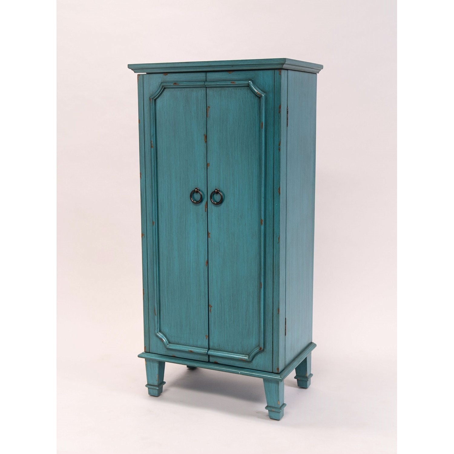 Vintage Turquoise Hand Painted Jewelry Armoire with Antique Drawer Pulls-1