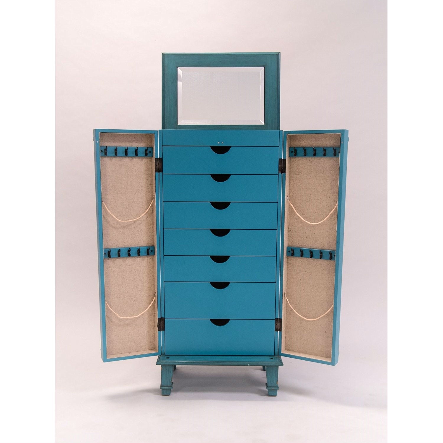 Vintage Turquoise Hand Painted Jewelry Armoire with Antique Drawer Pulls-2