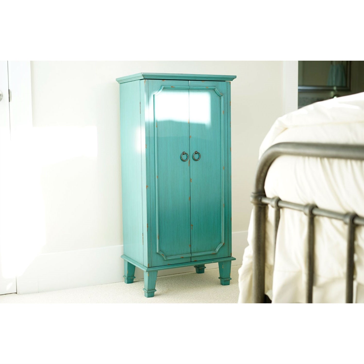 Vintage Turquoise Hand Painted Jewelry Armoire with Antique Drawer Pulls-4