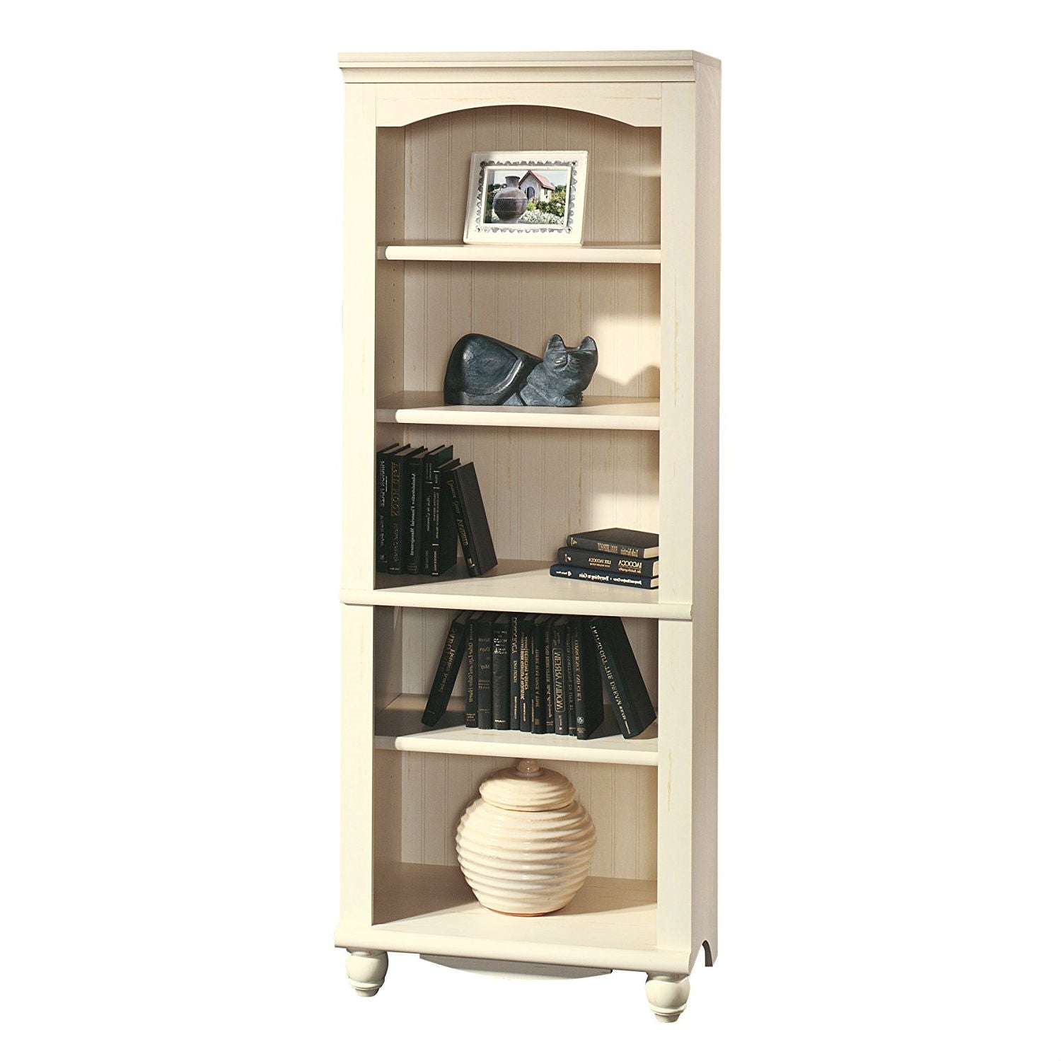 Elegant Display Shelf Bookcase with 5 Shelves in Antique White Wood Finish-0