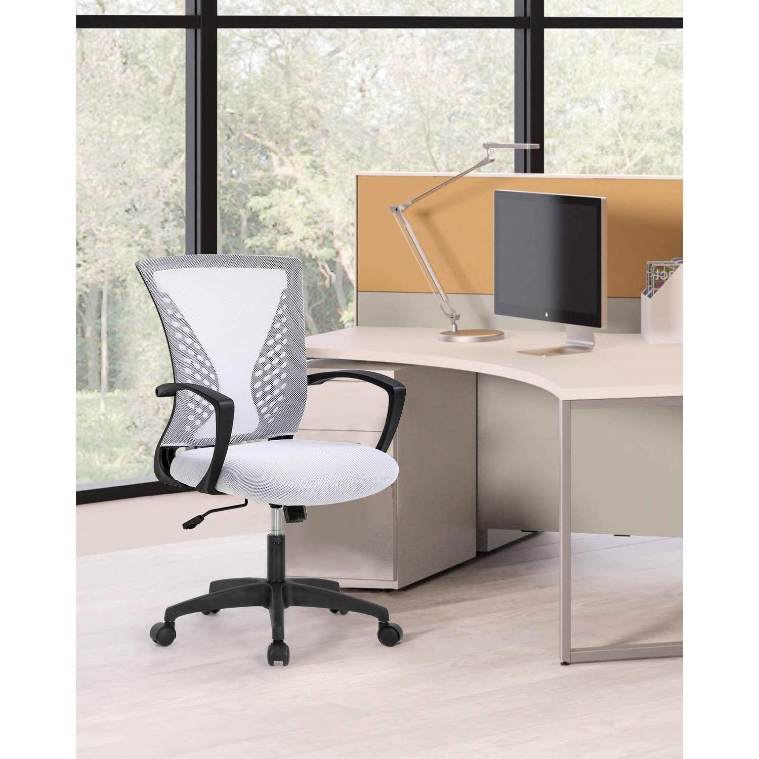 White Modern Mid-Back Office Desk Chair Ergonomic Mesh with Armrest on Wheels-1