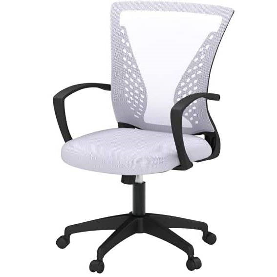 White Modern Mid-Back Office Desk Chair Ergonomic Mesh with Armrest on Wheels-2