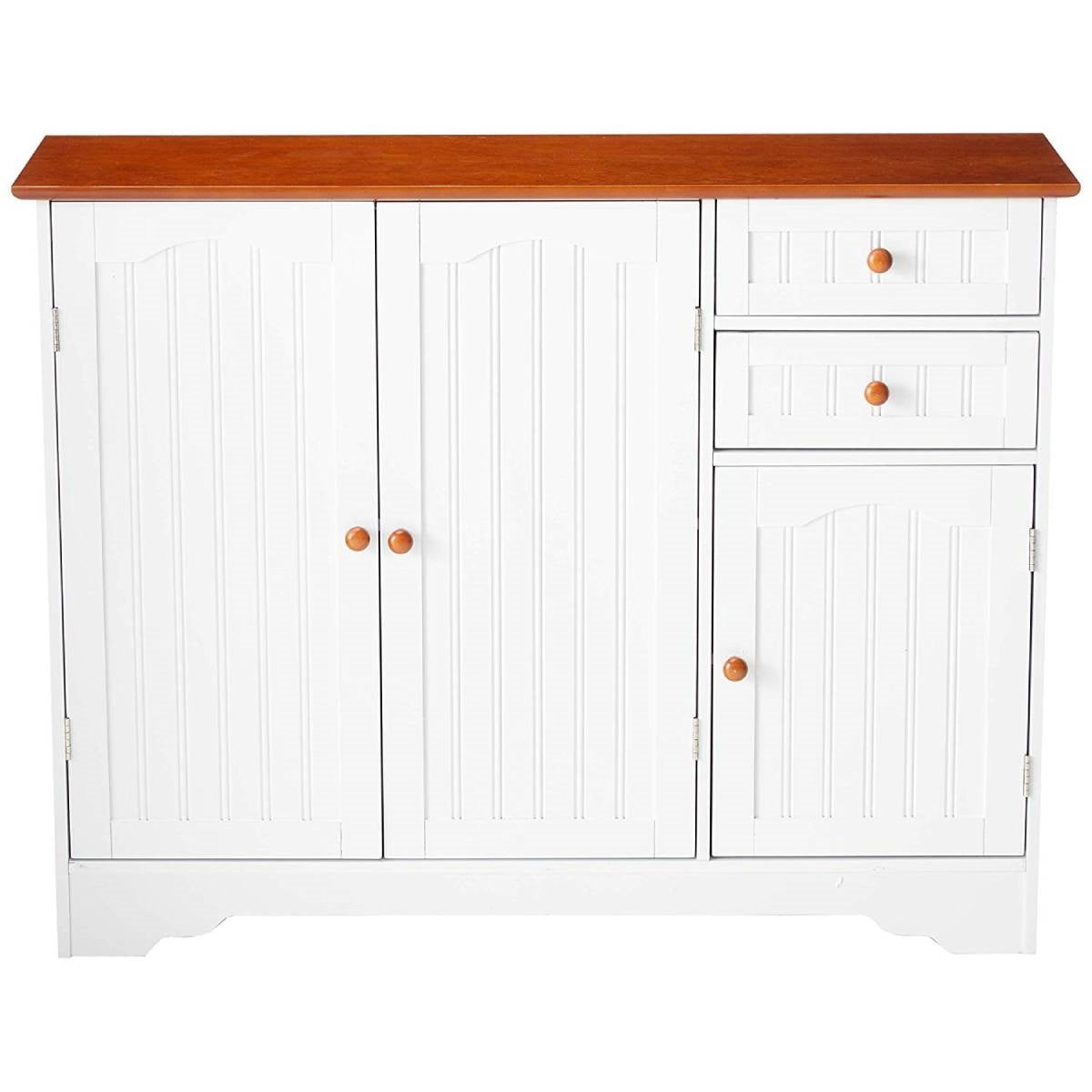 White Wood Sideboard Buffet Cabinet with Walnut Finish Top and Knobs-0