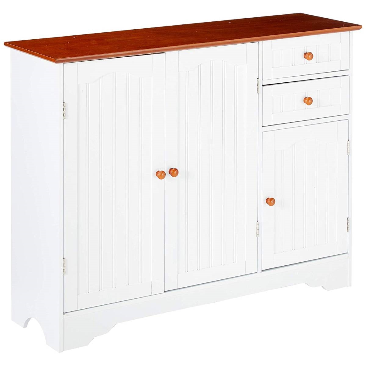 White Wood Sideboard Buffet Cabinet with Walnut Finish Top and Knobs-1