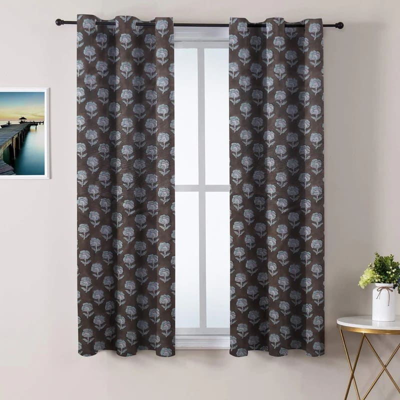 Block Print Floral Linen Blackout Curtains - Rohini