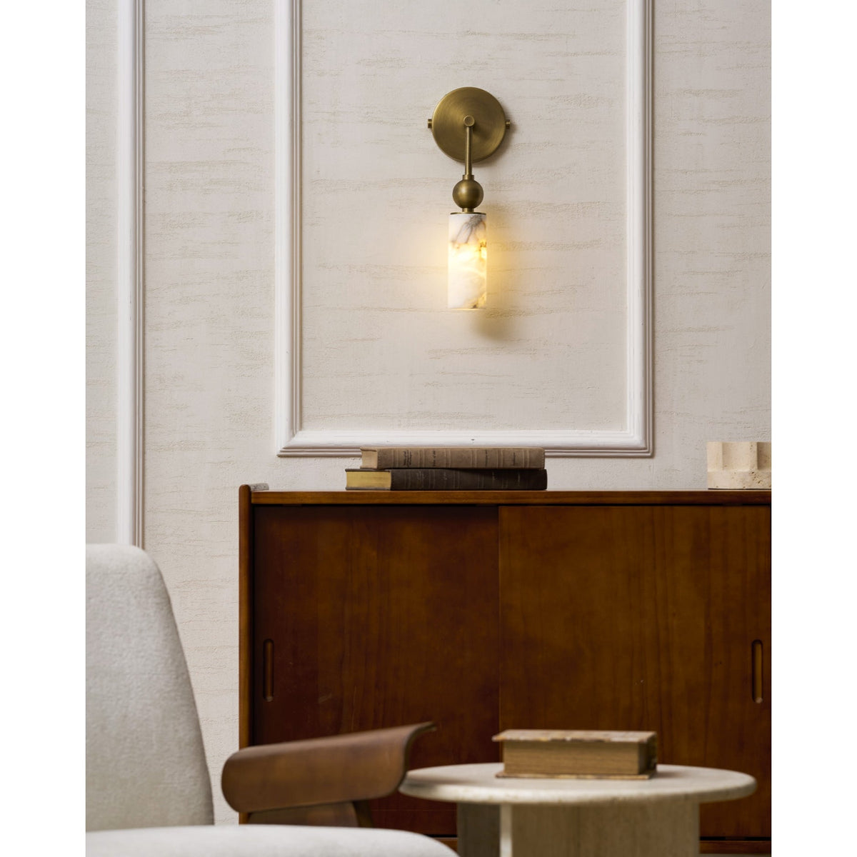 Natural Alabaster Wall Sconce with Brass Hardware | Warm Glow Bedside Light