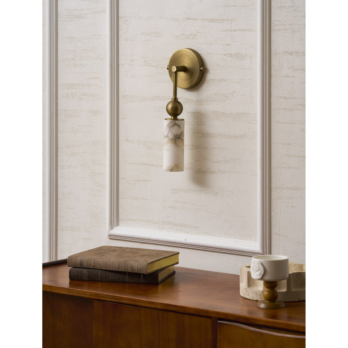 Natural Alabaster Wall Sconce with Brass Hardware | Warm Glow Bedside Light