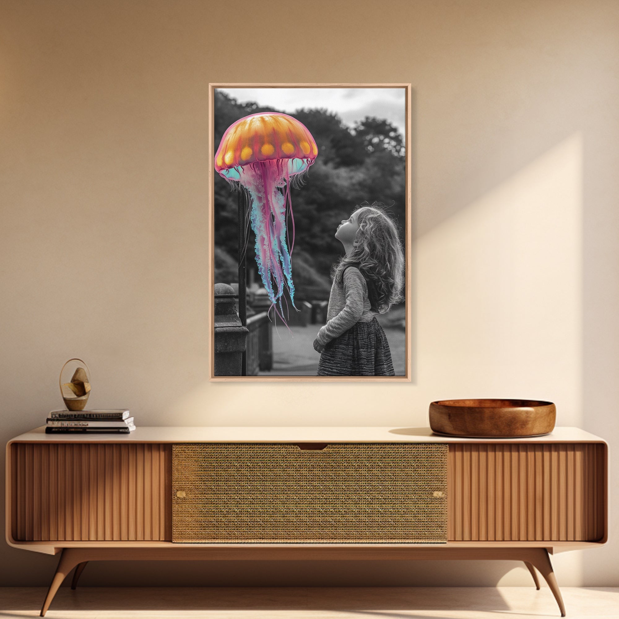 Surreal Jellyfish, Child Wonder, Fantasy Ocean Scene, Framed Canvas Print, Kids Room Wall Art, Vibrant Color Pop Art, Dreamy Decor