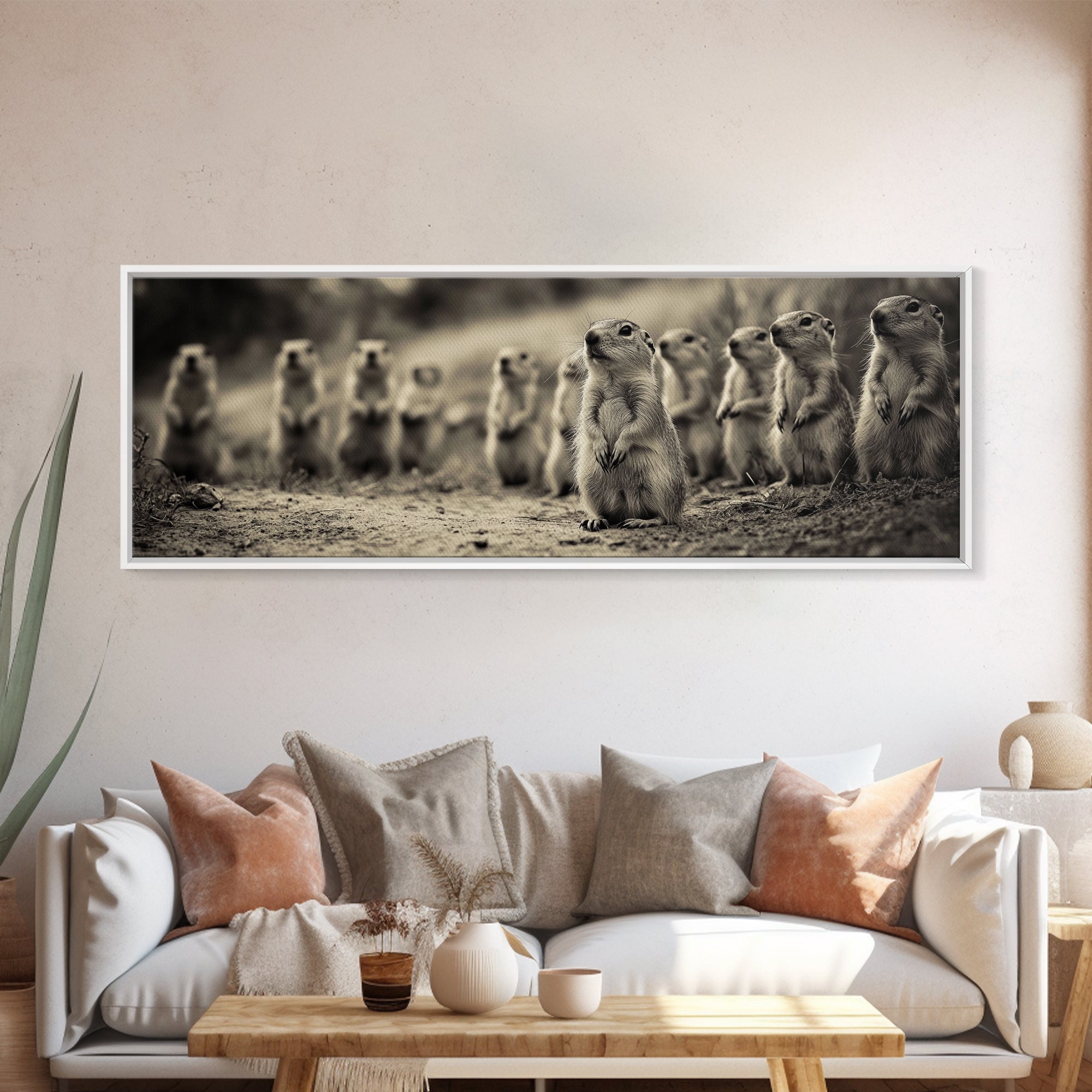 Prairie Dogs, Whimsical Critters, Nature Gathered, Canvas Print, Kids Room Art, Cute Animal Decor, Playful Black and White Art