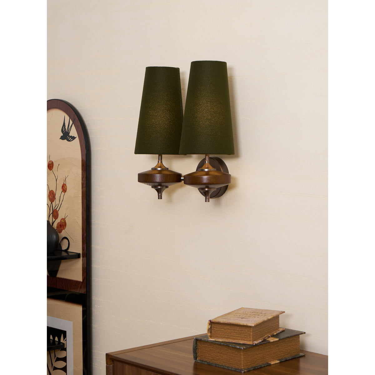 Walnut Wall Sconce with Antique Brass Hardware | Fabric Shade for Warm Ambient Light