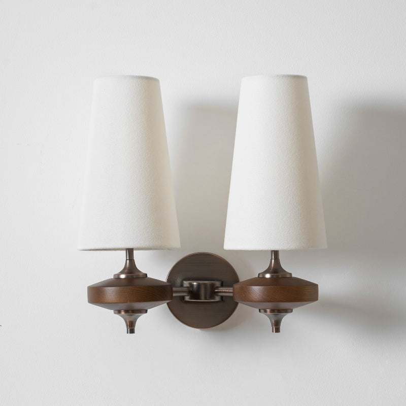 Walnut Wall Sconce with Antique Brass Hardware | Fabric Shade for Warm Ambient Light