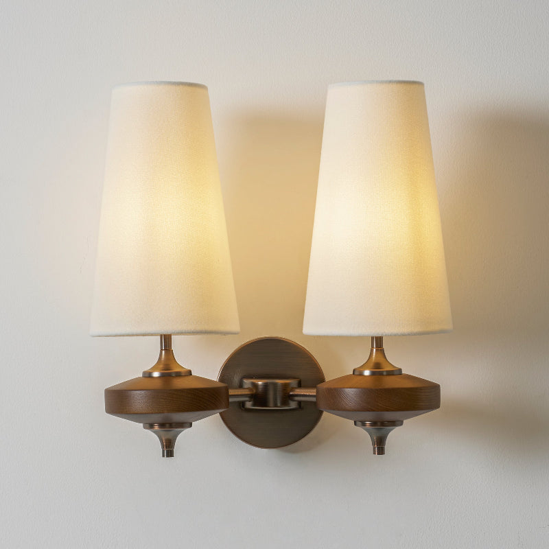 Walnut Wall Sconce with Antique Brass Hardware | Fabric Shade for Warm Ambient Light