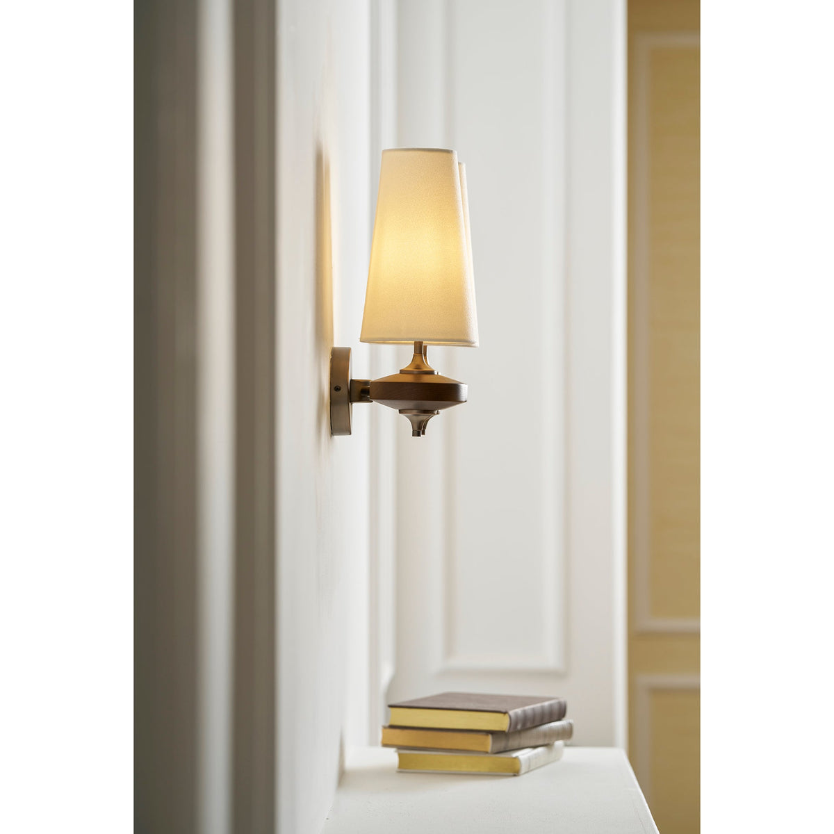 Walnut Wall Sconce with Antique Brass Hardware | Fabric Shade for Warm Ambient Light