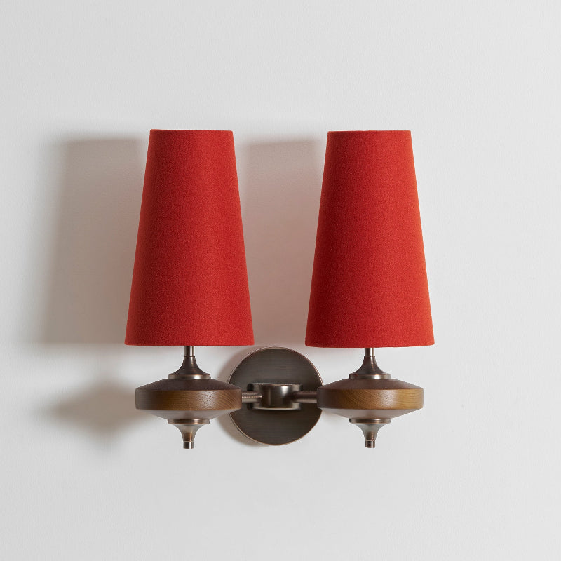 Walnut Wall Sconce with Antique Brass Hardware | Fabric Shade for Warm Ambient Light