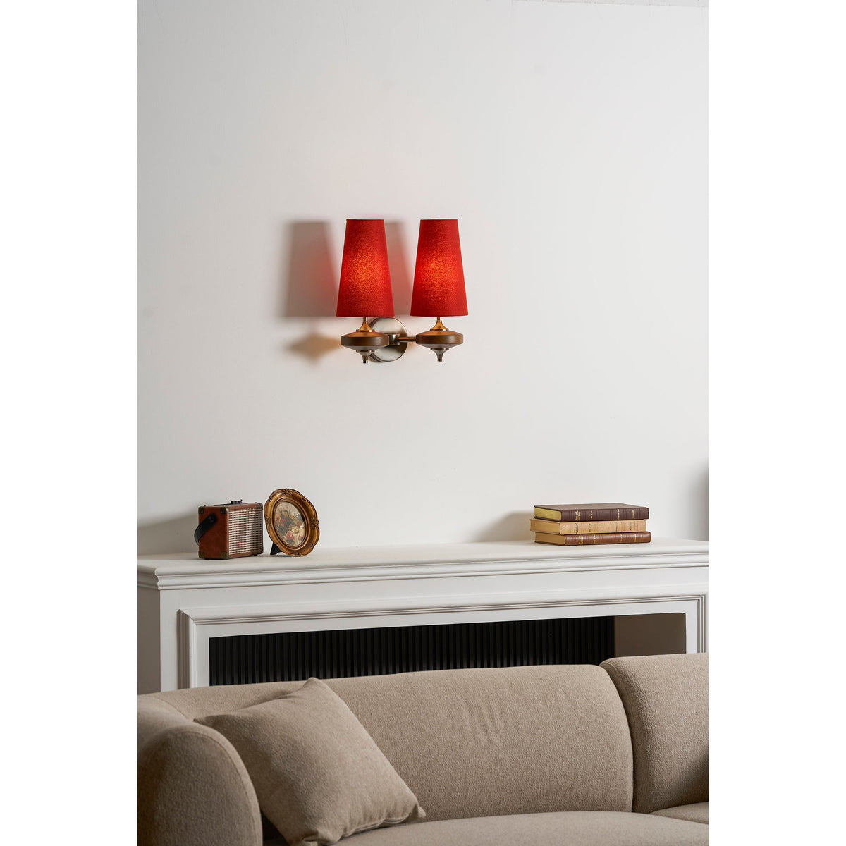 Walnut Wall Sconce with Antique Brass Hardware | Fabric Shade for Warm Ambient Light