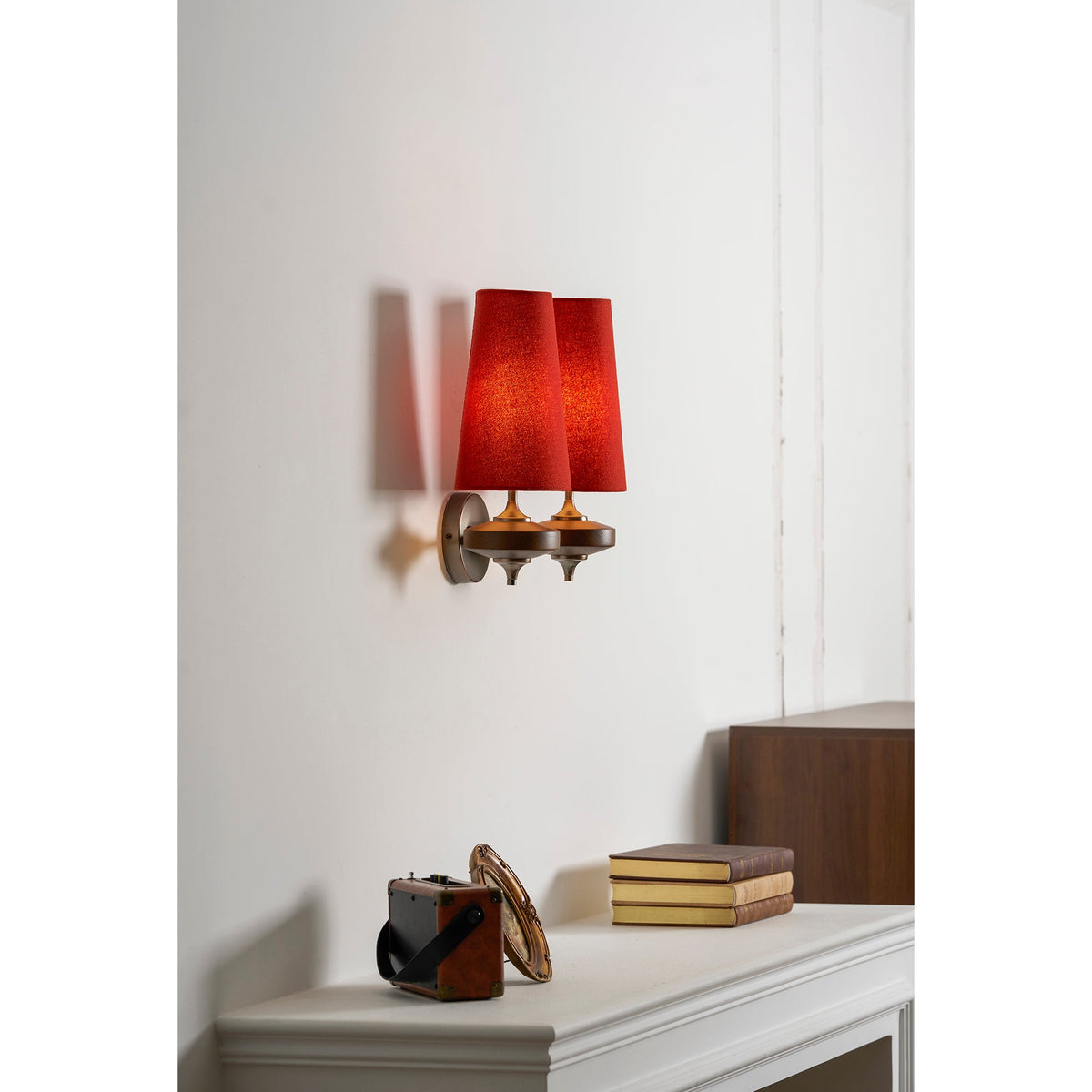 Walnut Wall Sconce with Antique Brass Hardware | Fabric Shade for Warm Ambient Light