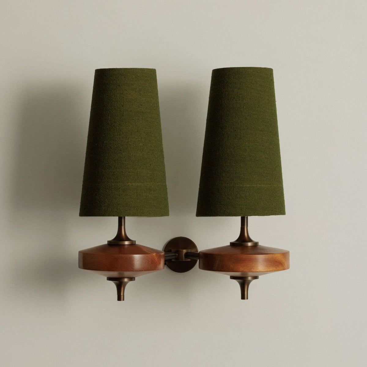 Walnut Wall Sconce with Antique Brass Hardware | Fabric Shade for Warm Ambient Light
