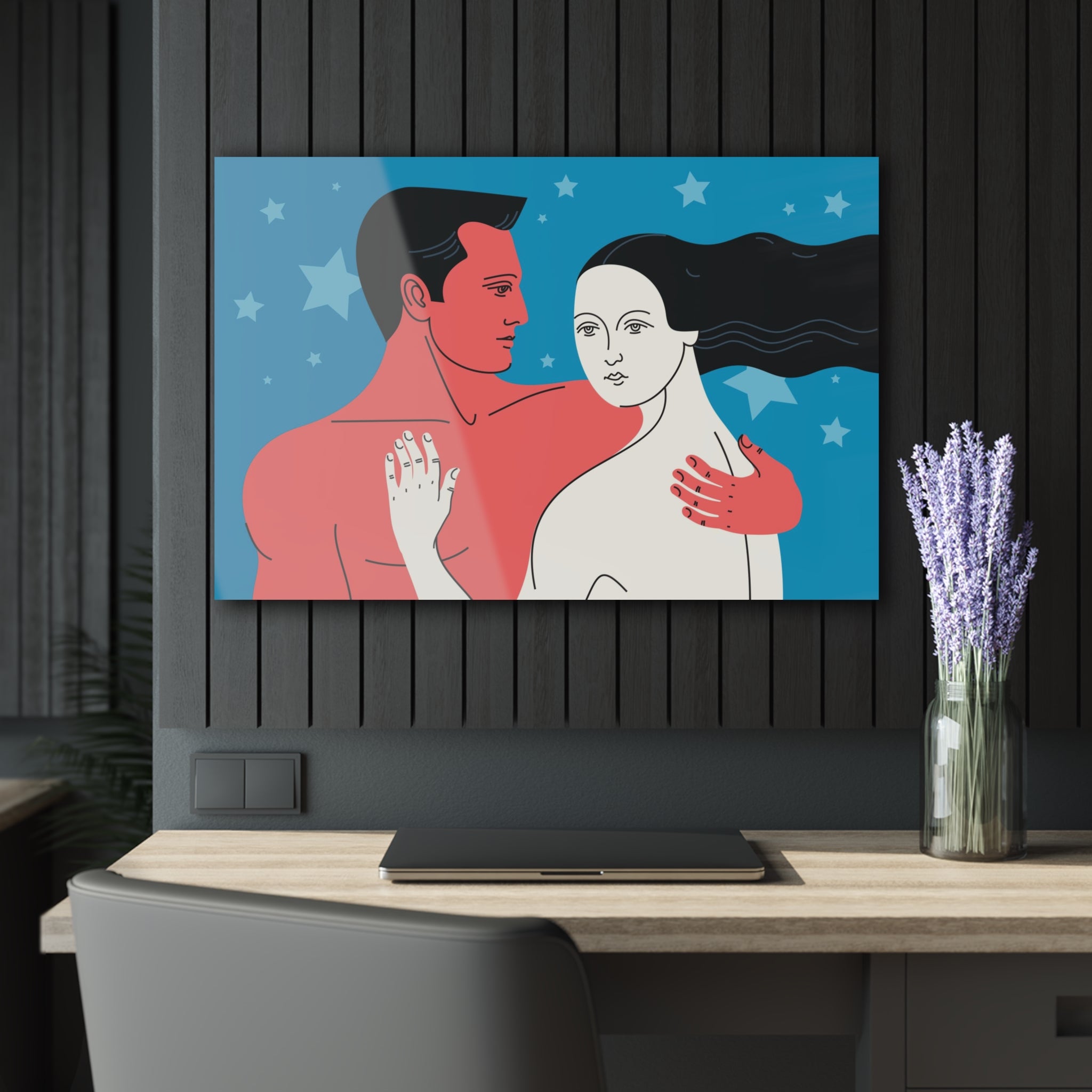 Hugging lovers under the starry sky. Wall decor.