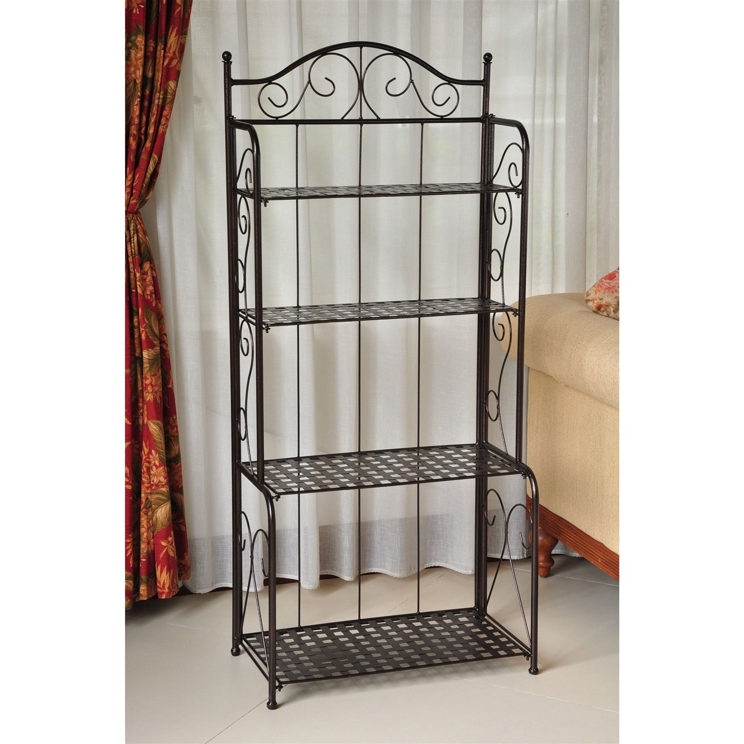 Indoor / Outdoor Folding Iron 4-Shelf Bakers Rack in Bronze with Lattice Shelves-0