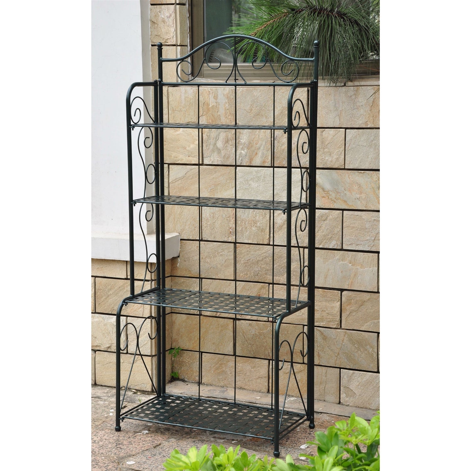 Indoor / Outdoor Folding Iron 4-Shelf Bakers Rack in Bronze with Lattice Shelves-1