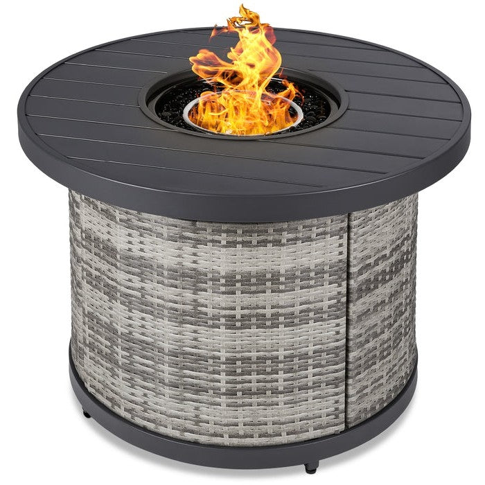 50,000 BTU Grey Wicker Round LP Gas Propane Fire Pit w/ Faux Wood Tabletop and Cover-0