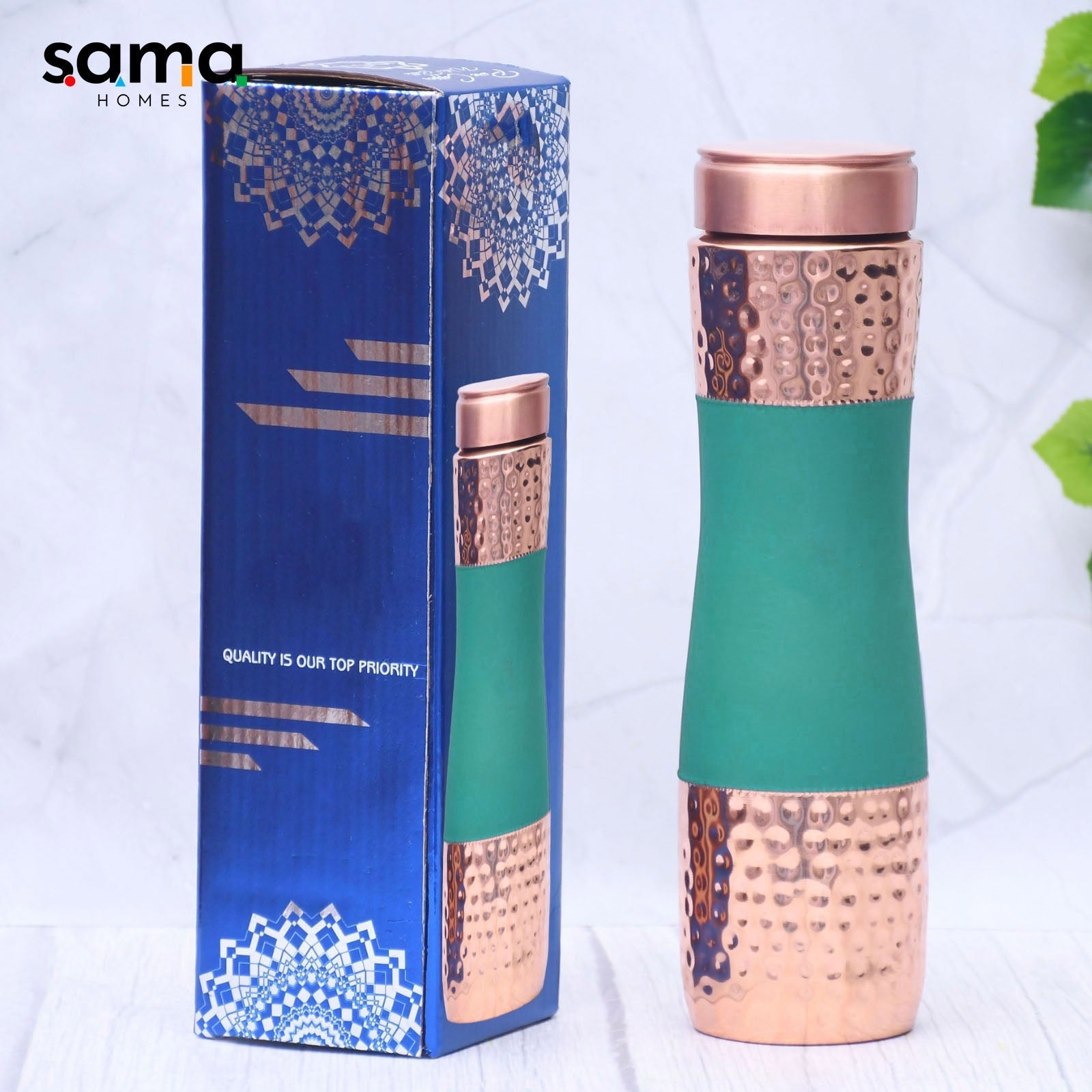 Pure Copper Water Bottle Silk Green Half Hammered Capacity 1000ML-1