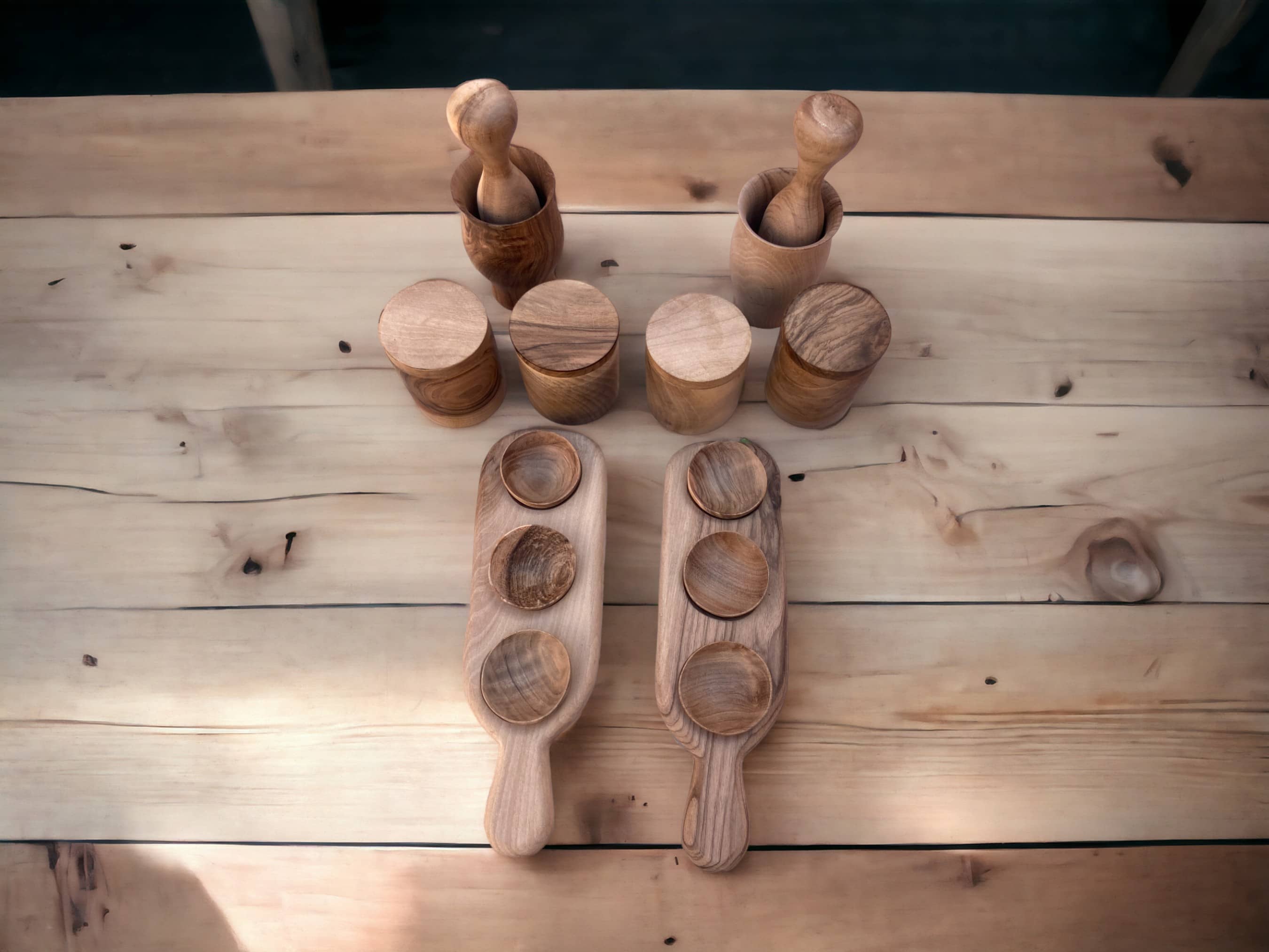 Moroccan Walnut Wood Spices Pack, Spices Accessories, Mortar and Pestle, two wooden Spice Trays, Wooden Spice Jars with accompanying spoons.-2