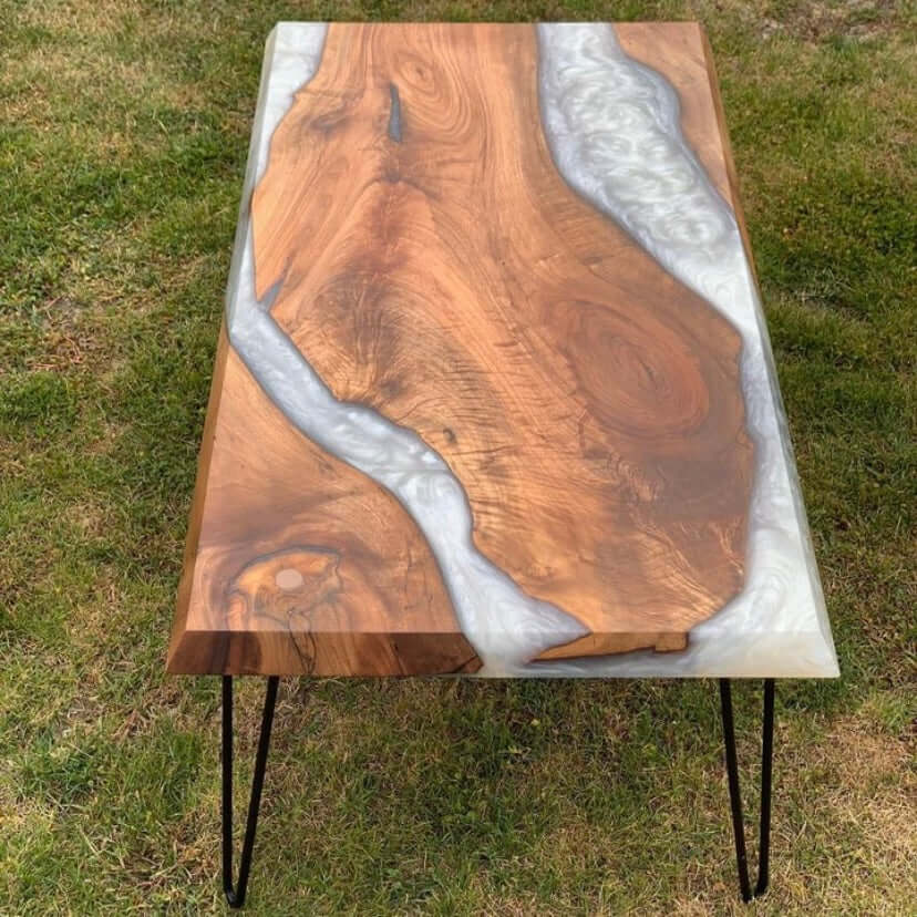 White and Wood Abstract Epoxy Resin Table For Home Decor-2