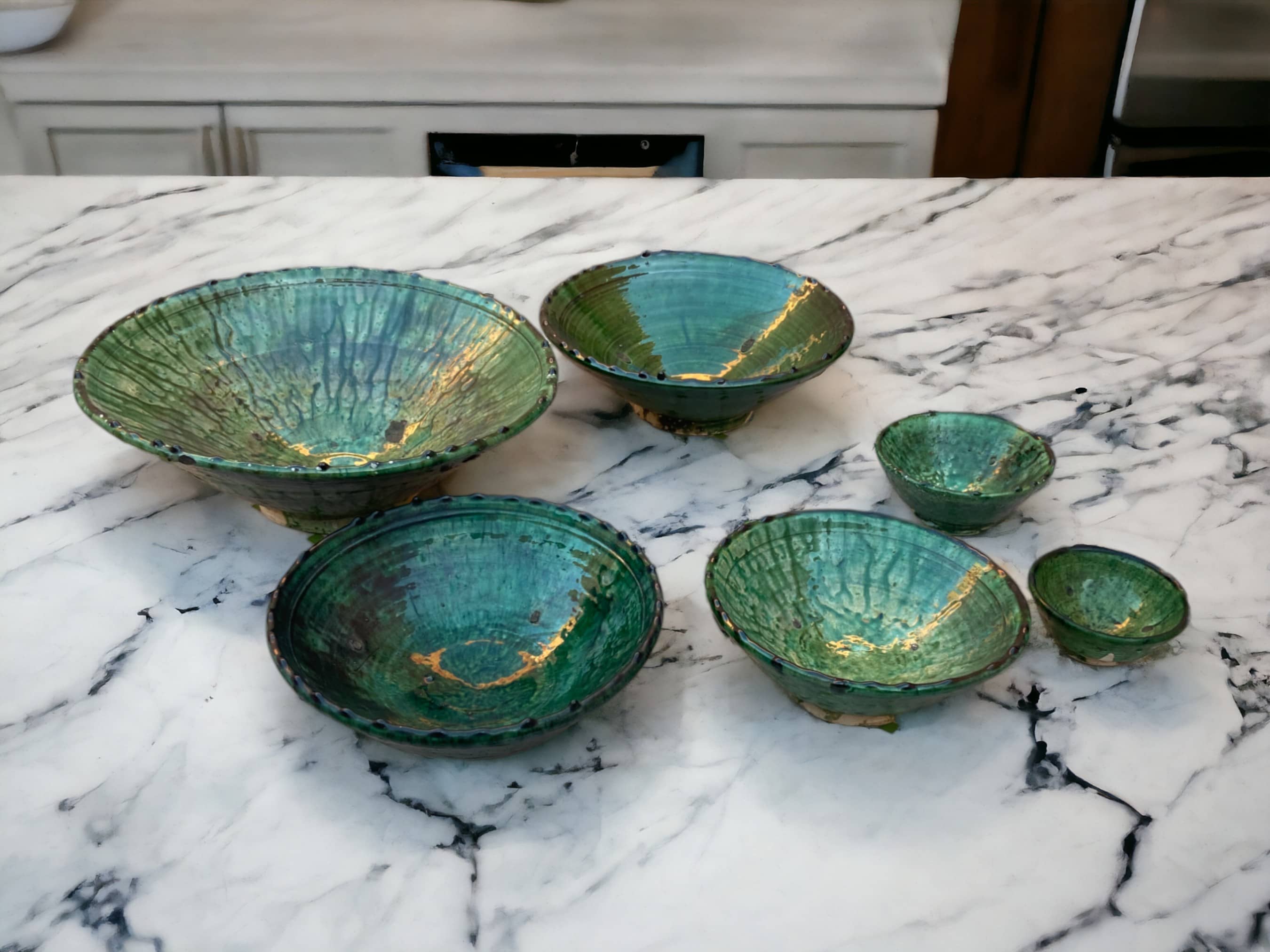 Tamegroute Bowls, Handmade Bowls, Bowls Green Glazed Pottery, Pedestal Bowl, Serving bowls, Salad Bowls, nesting bowls handmade in Morocco-4