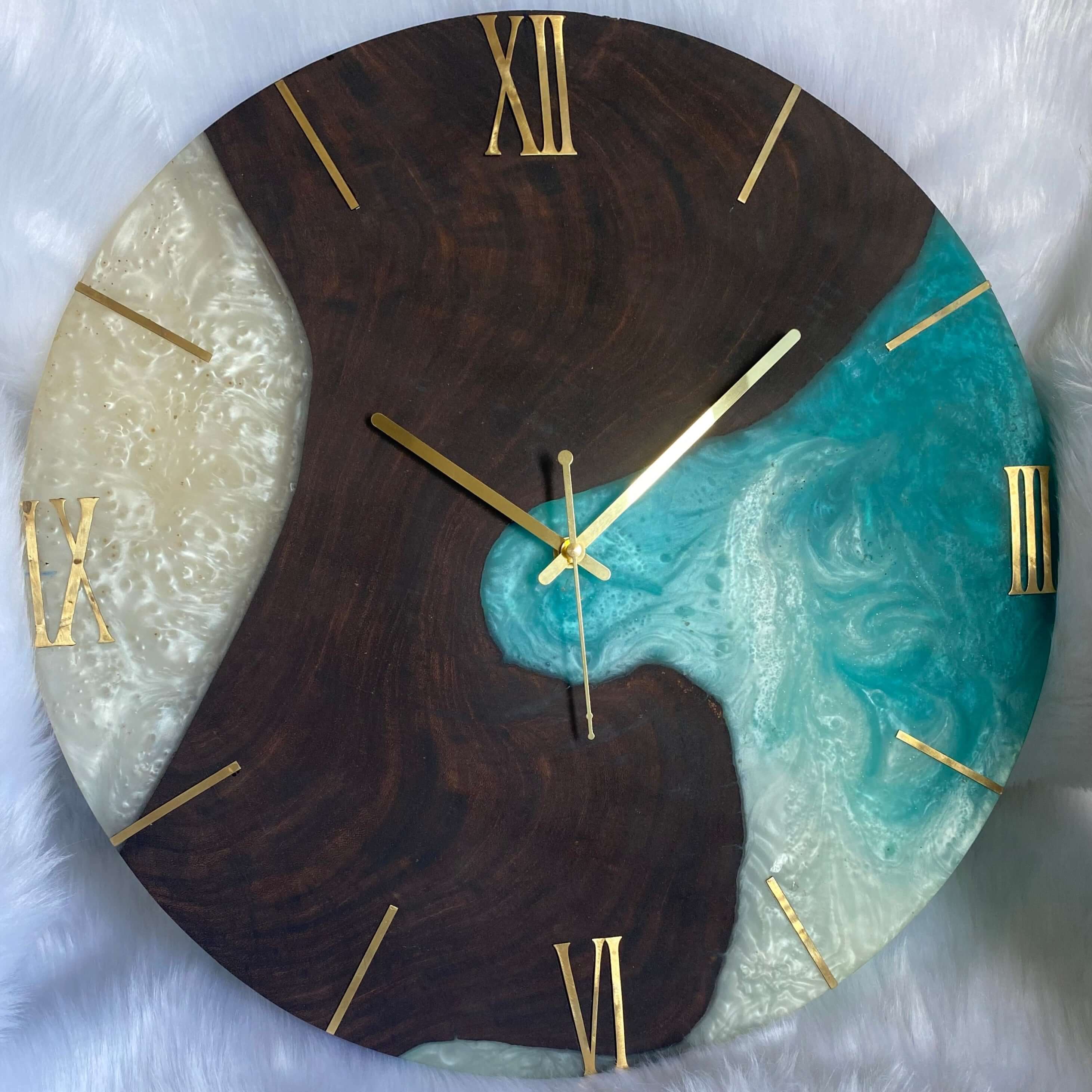 Blue White and Wooden Abstract Epoxy Resin Wall Clock For Home Decor-0