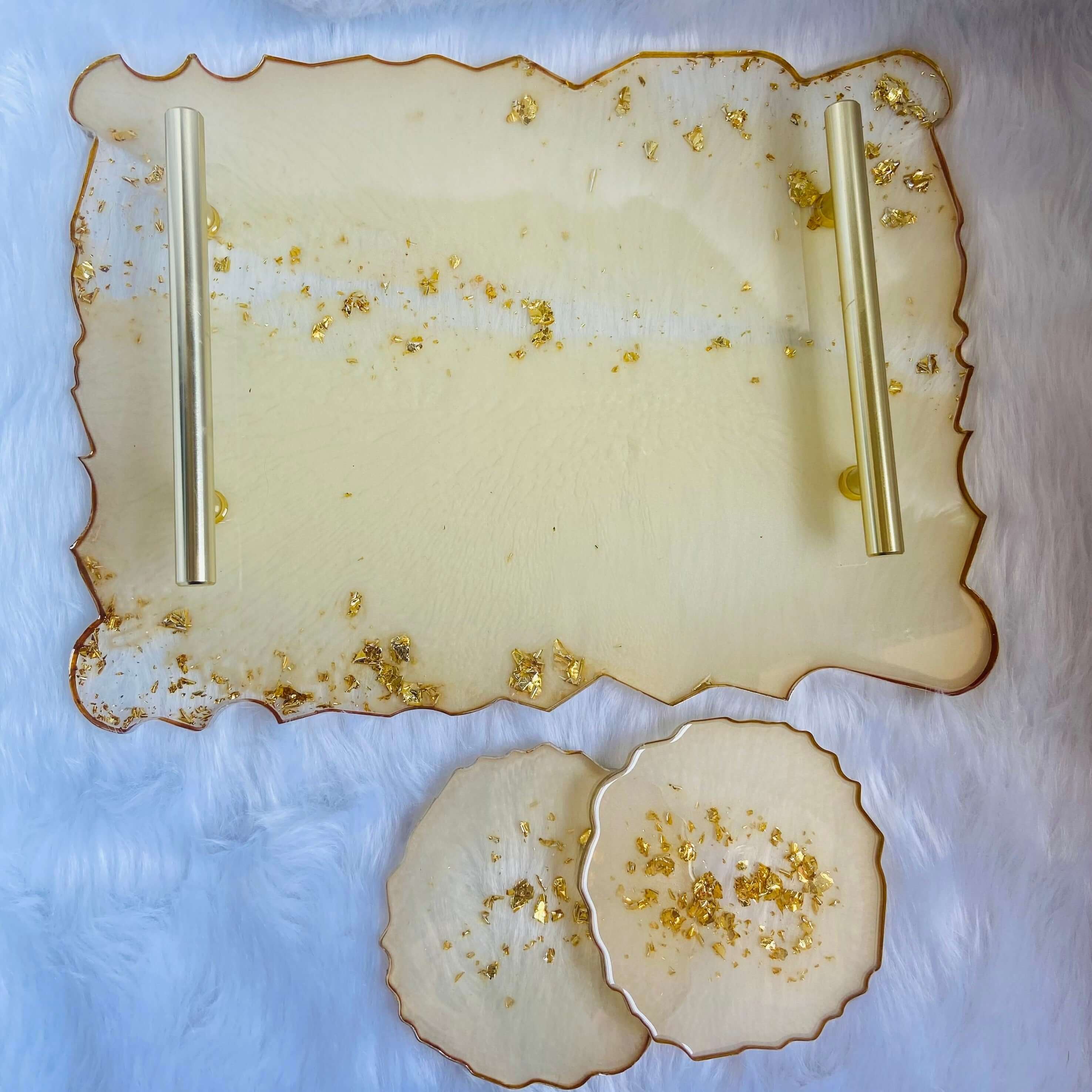 Geode agate Pearl white resin decorative serving tray with modern gold bar handles and 2 set of coasters-1