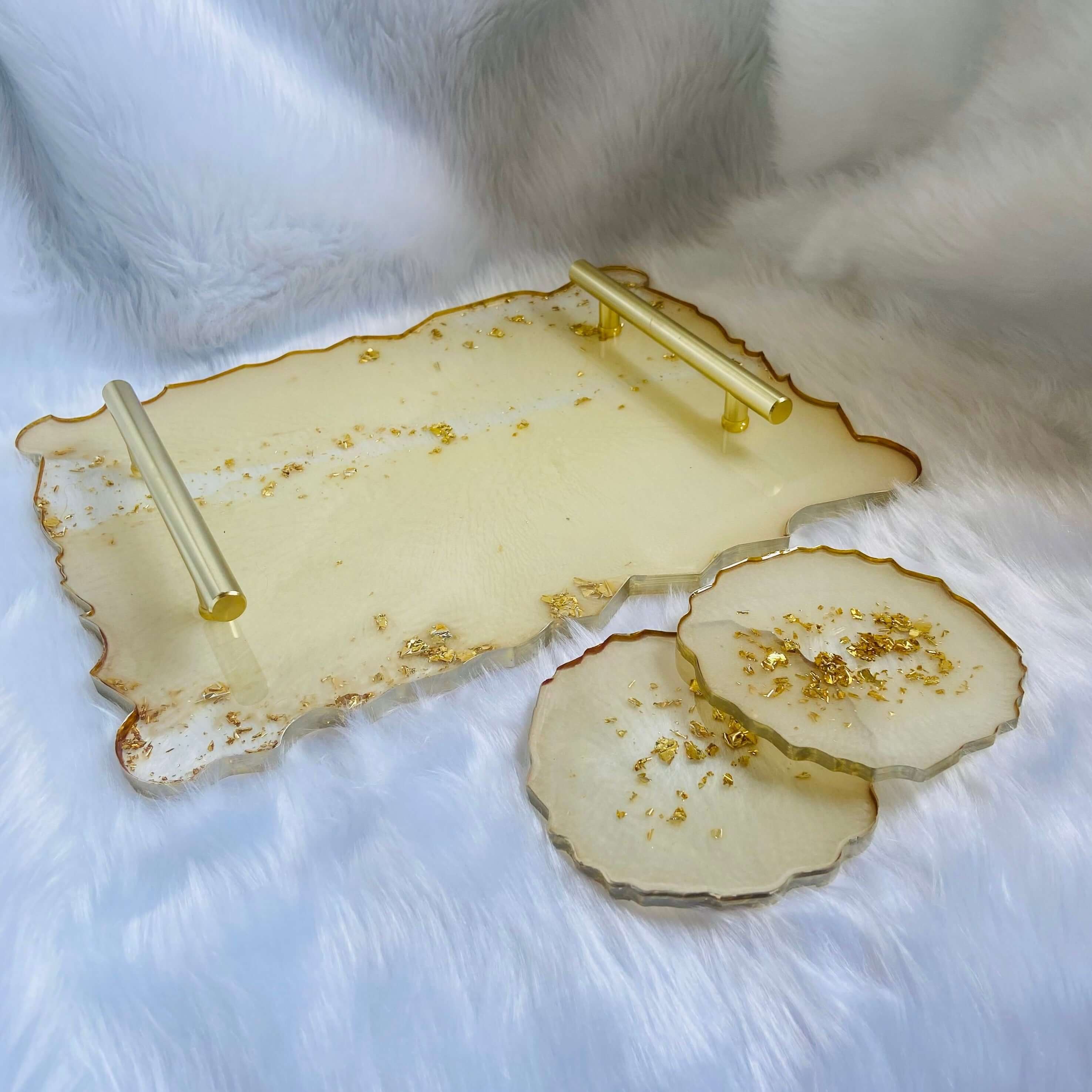 Geode agate Pearl white resin decorative serving tray with modern gold bar handles and 2 set of coasters-0