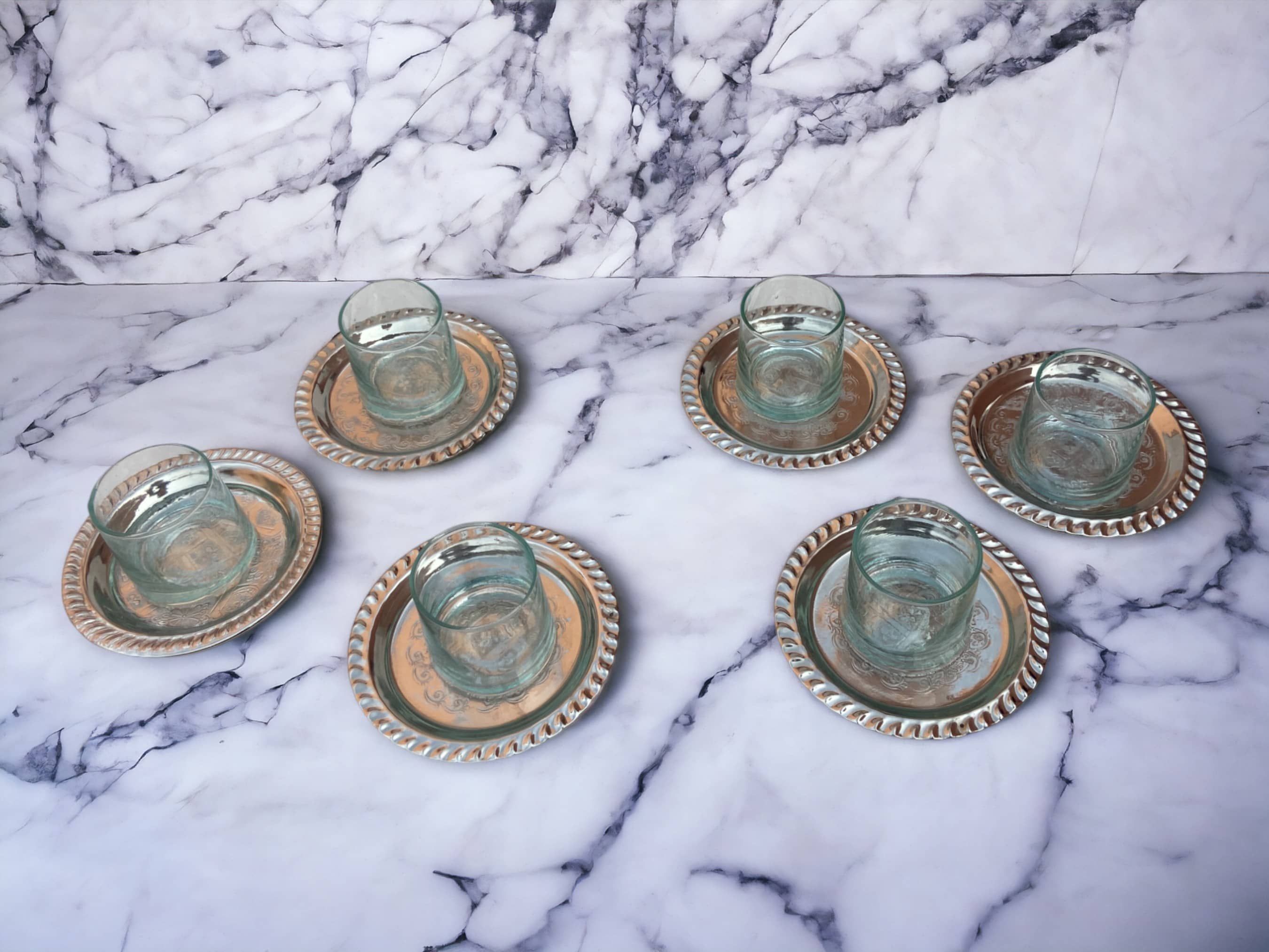 Handcrafted Brass Moroccan metal Coasters Set Of 6, Solid Brass Coasters & Serving Tray Bundle, Copper Coasters, Silver Plated Coasters-3