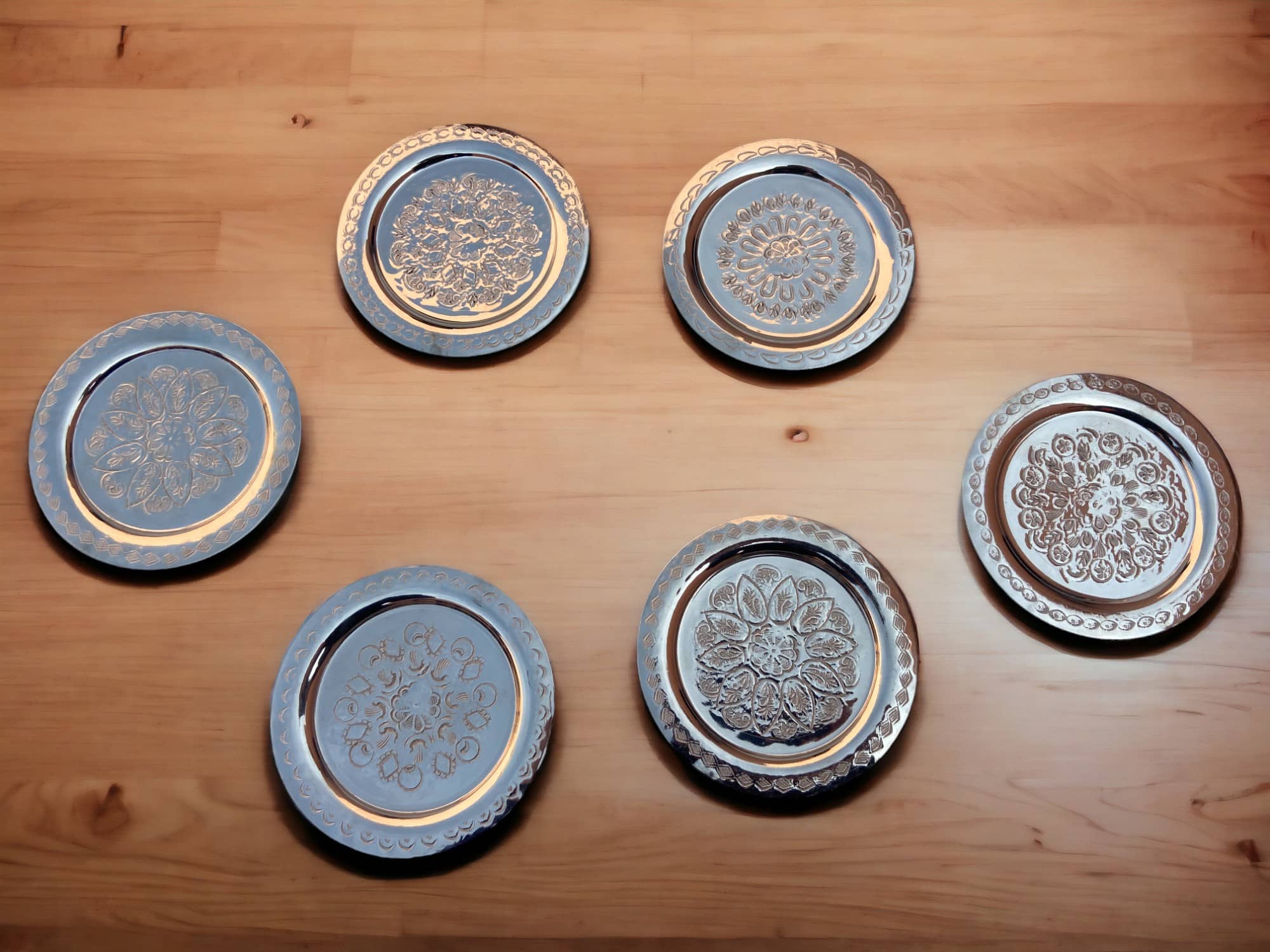 Handmade Silver Moroccan metal coasters, Set Of 6, Solid Brass Coasters & Serving Tray Bundle, Brass Copper Coasters, Silver Plated Coasters-2