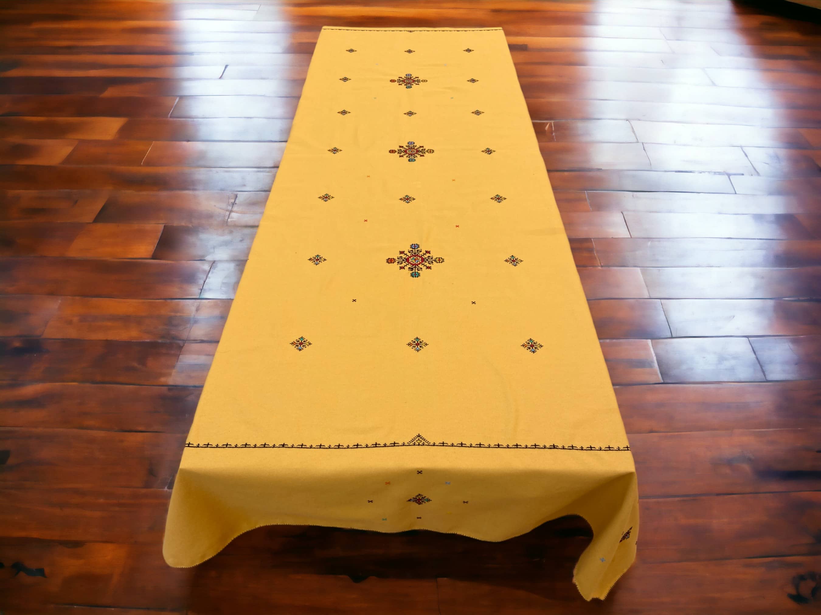 Rectangular Hand Embroidered Table cloth and 12 napkins, Moroccan Embroidered Linen, heartwarming gift, Yellow Embroidered cotton tablecloth.-4