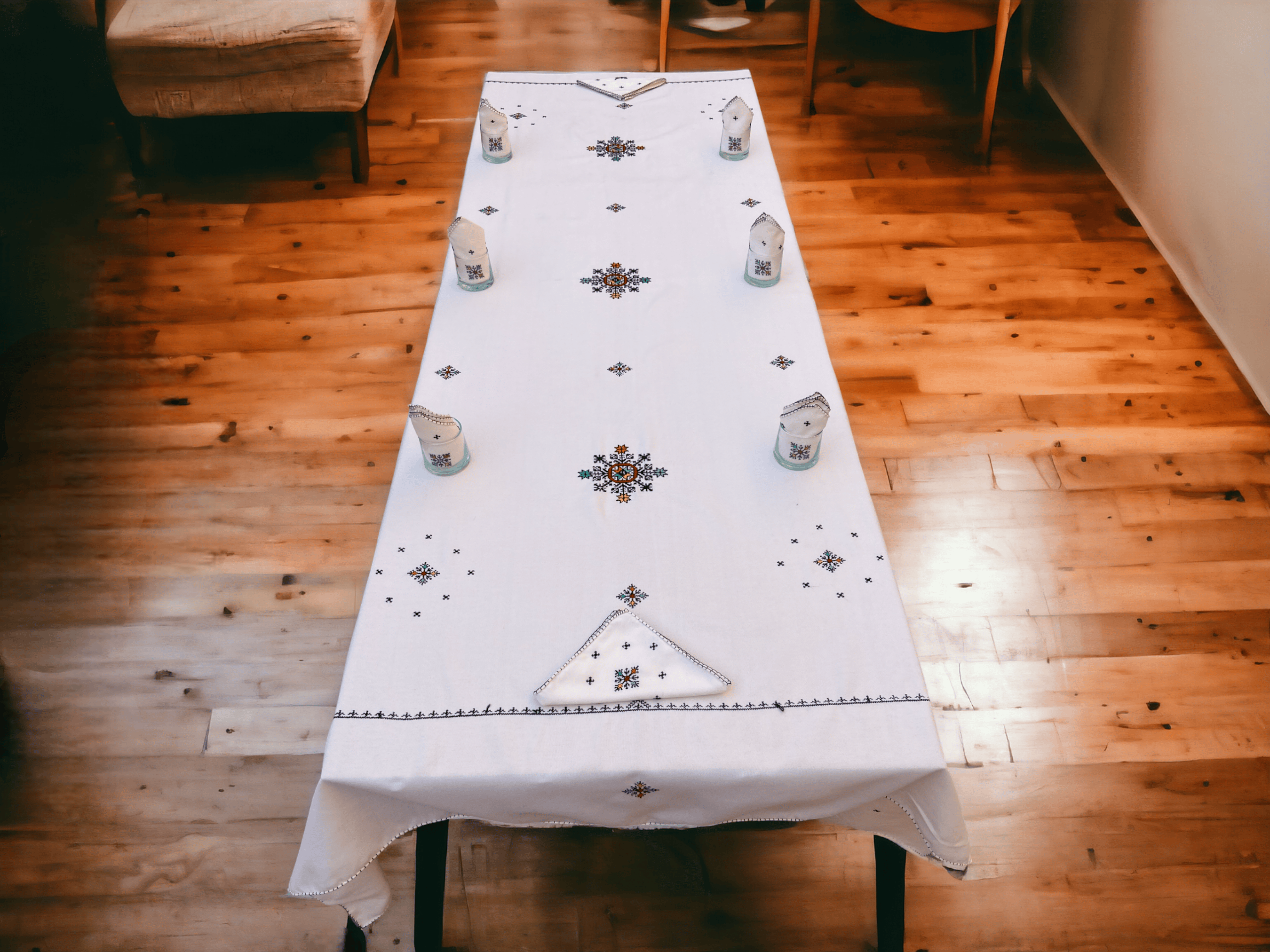 Rectangular Hand Embroidered Table cloth and 12 napkins, Moroccan Embroidered Linen, heartwarming gift, Yellow Embroidered cotton tablecloth.-1