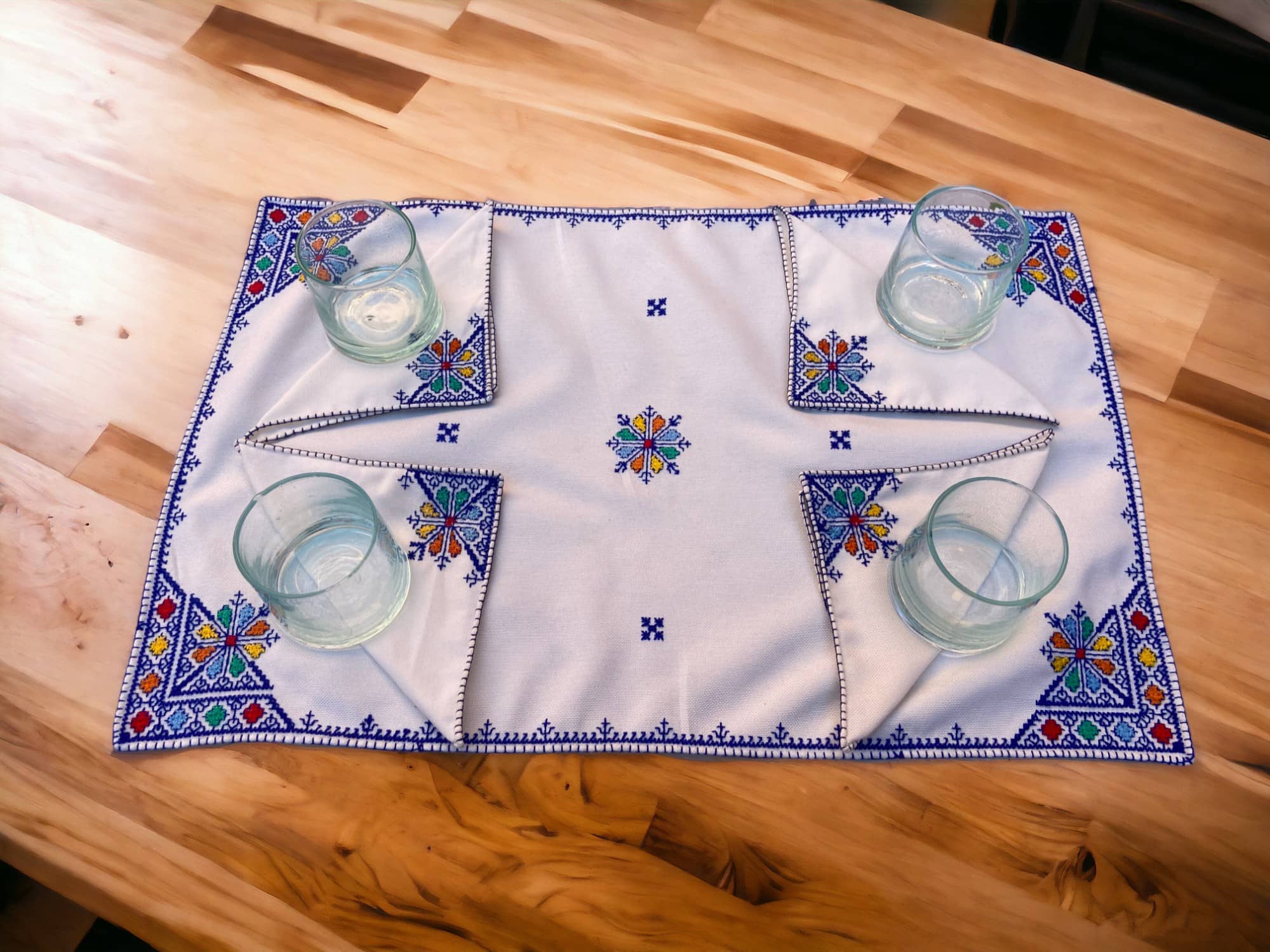 Embroidered Tray Cover & Napkins, Authentic Moroccan Hand embroidered linen Tray cloth + 6 napkins, Tray Cover, heartwarming gift.-2