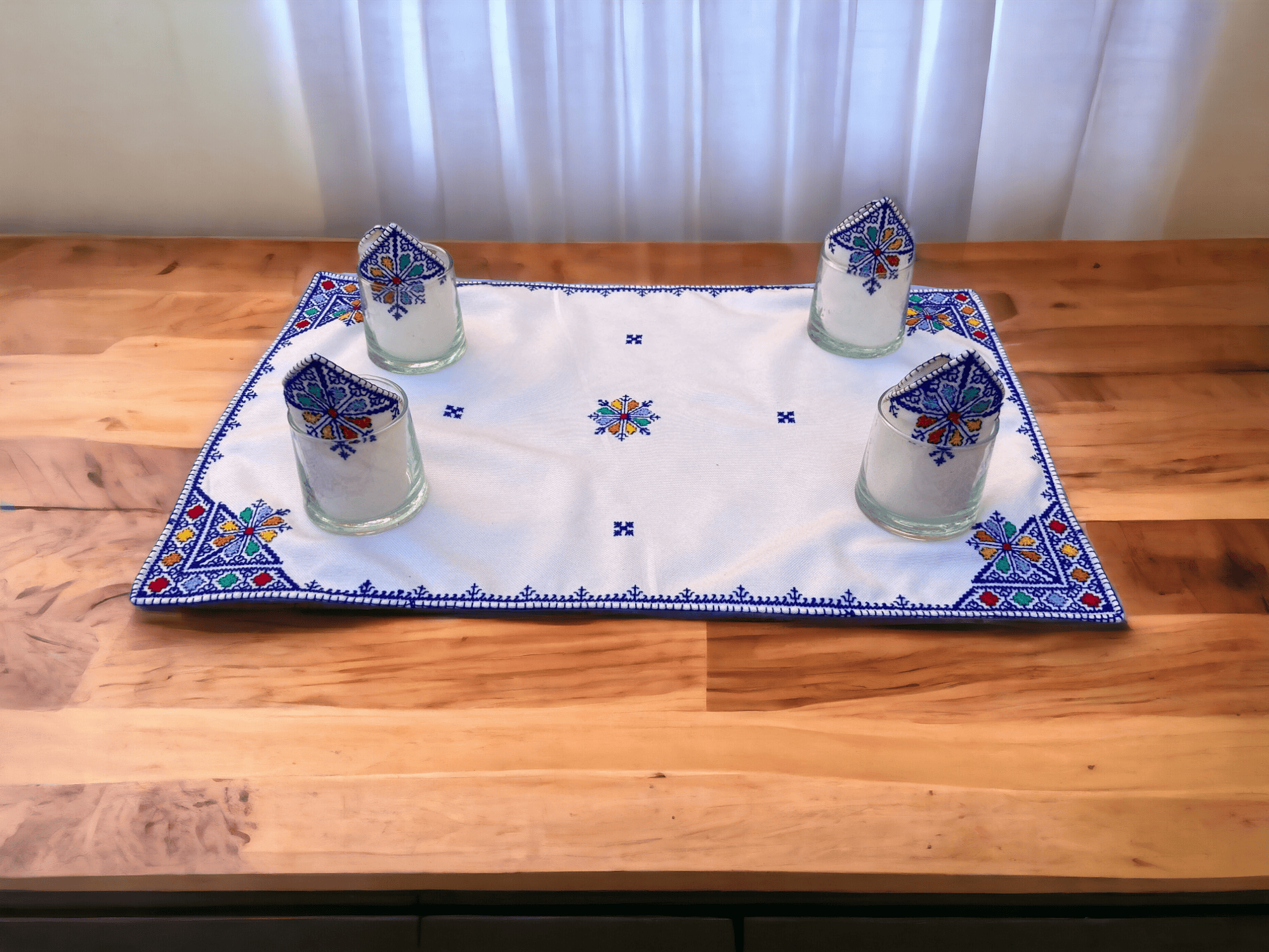 Embroidered Tray Cover & Napkins, Authentic Moroccan Hand embroidered linen Tray cloth + 6 napkins, Tray Cover, heartwarming gift.-1